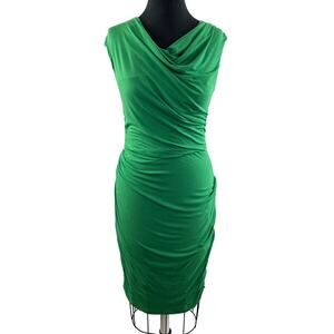 ANTHROPOLOGIE BORDEAUX Green Cap Sleeve Ruched Cowl Neck Bodycon Dress Sz S